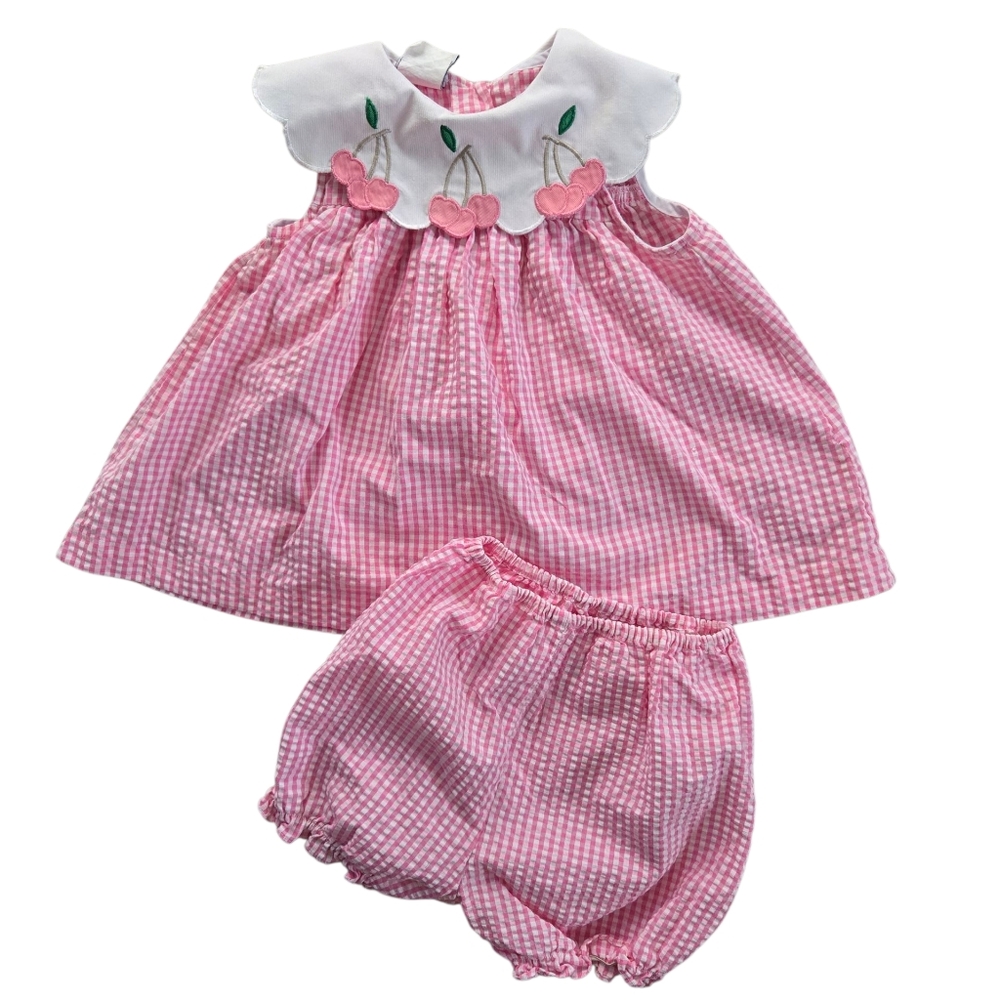 Vintage 1990s Y2k Samara Pink Gingham Cherry Embroidery 2pc Dress Bloomers Set